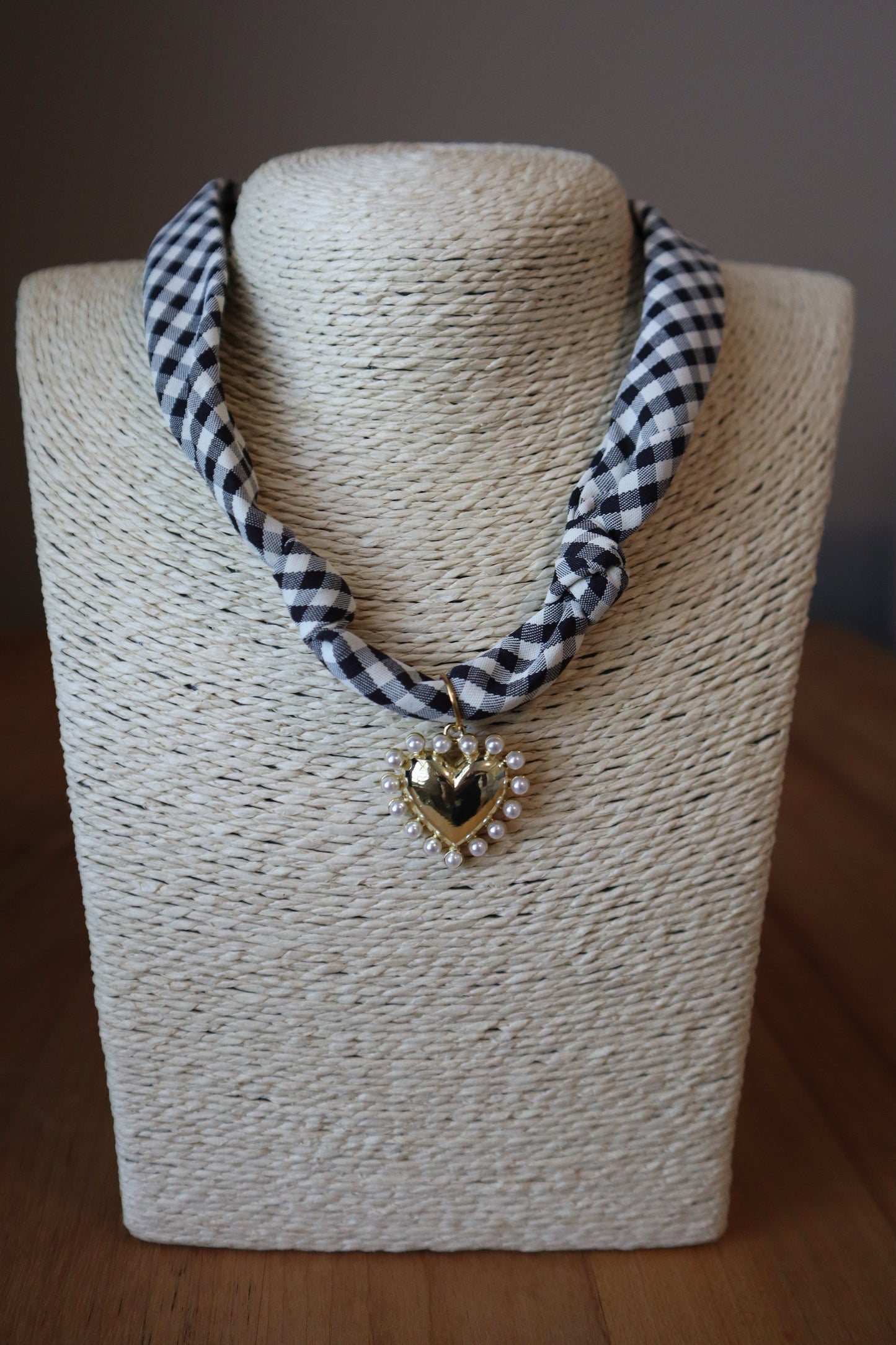 Black Gingham Scarf with Gold & Pearl Heart Charm