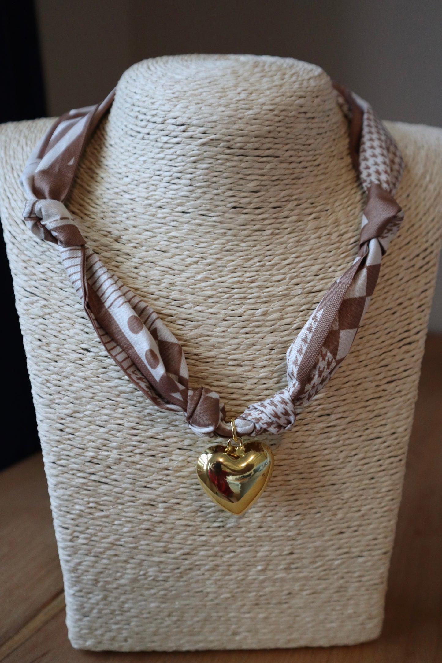 Brown Patterned Scarf with Puffy Gold Heart