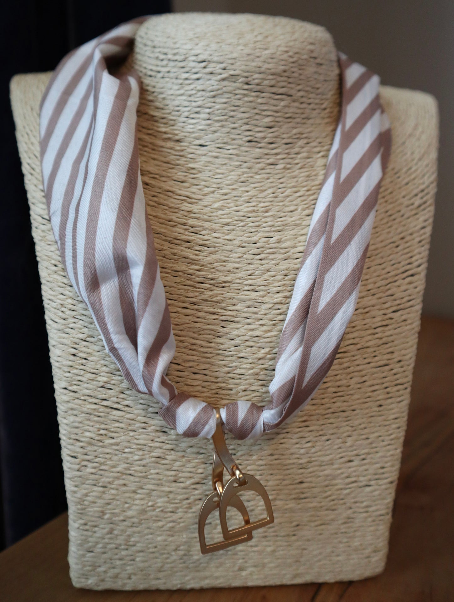 Tan Striped Scarf with Stirrups Charm