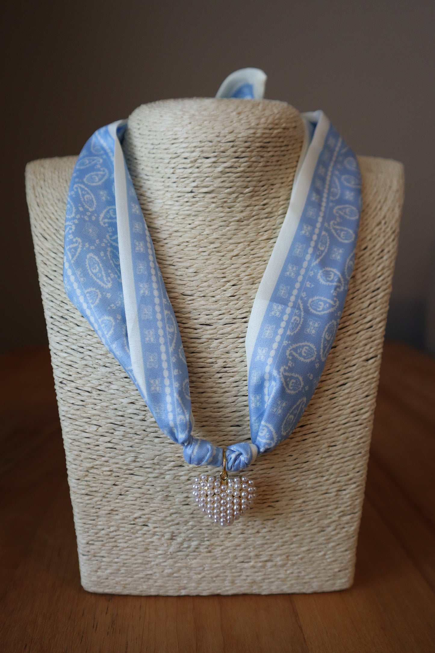 Blue Boho Scarf with Puffy Pearl Heart Charm