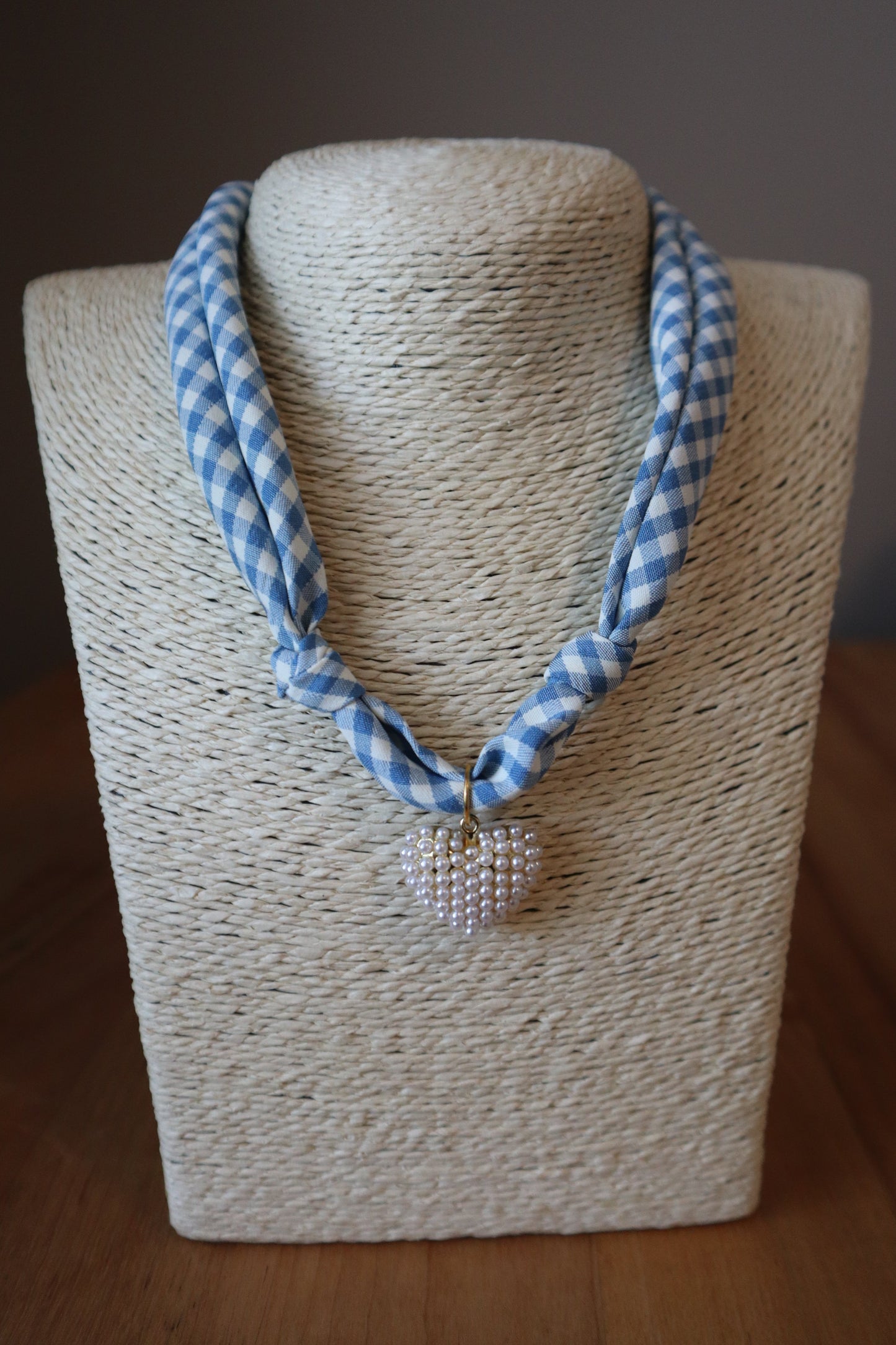 Blue Gingham Scarf with Puffy Pearl Heart Charm