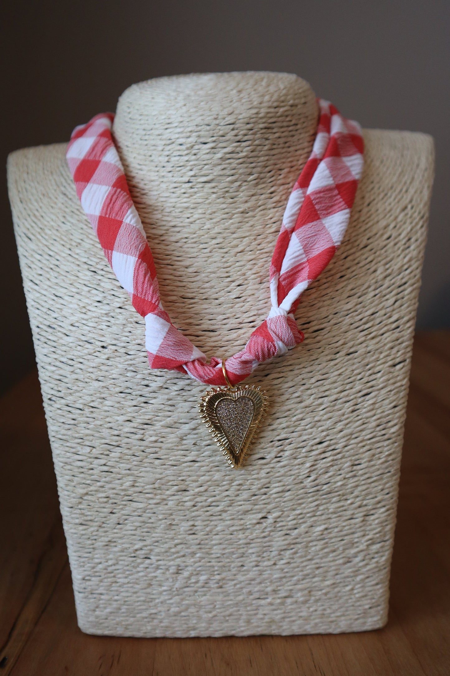 Red Gingham Scarf with Sparkly Heart Charm