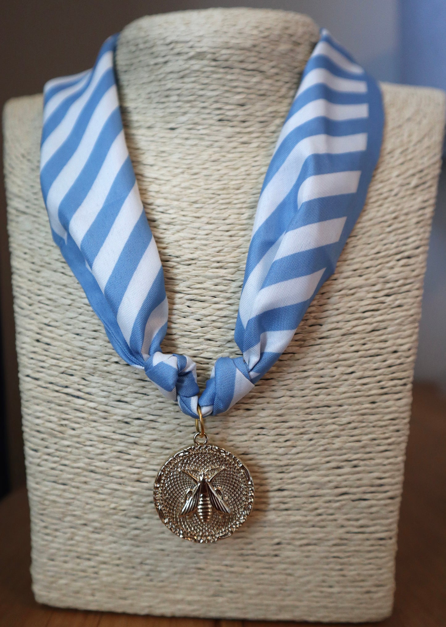 Blue Striped Scarf with Bee Charm