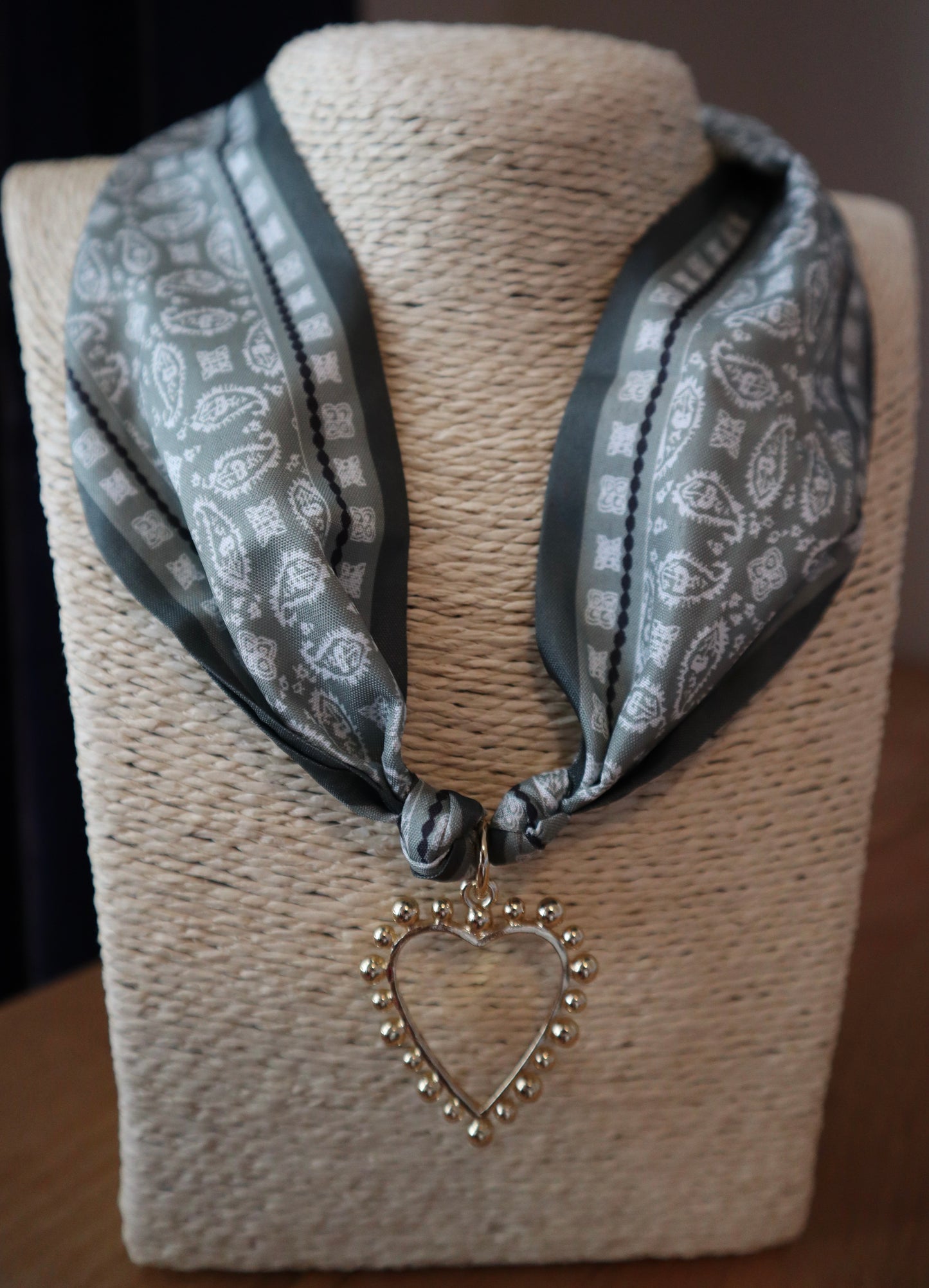 Green Boho Scarf with Gold Open Heart Charm
