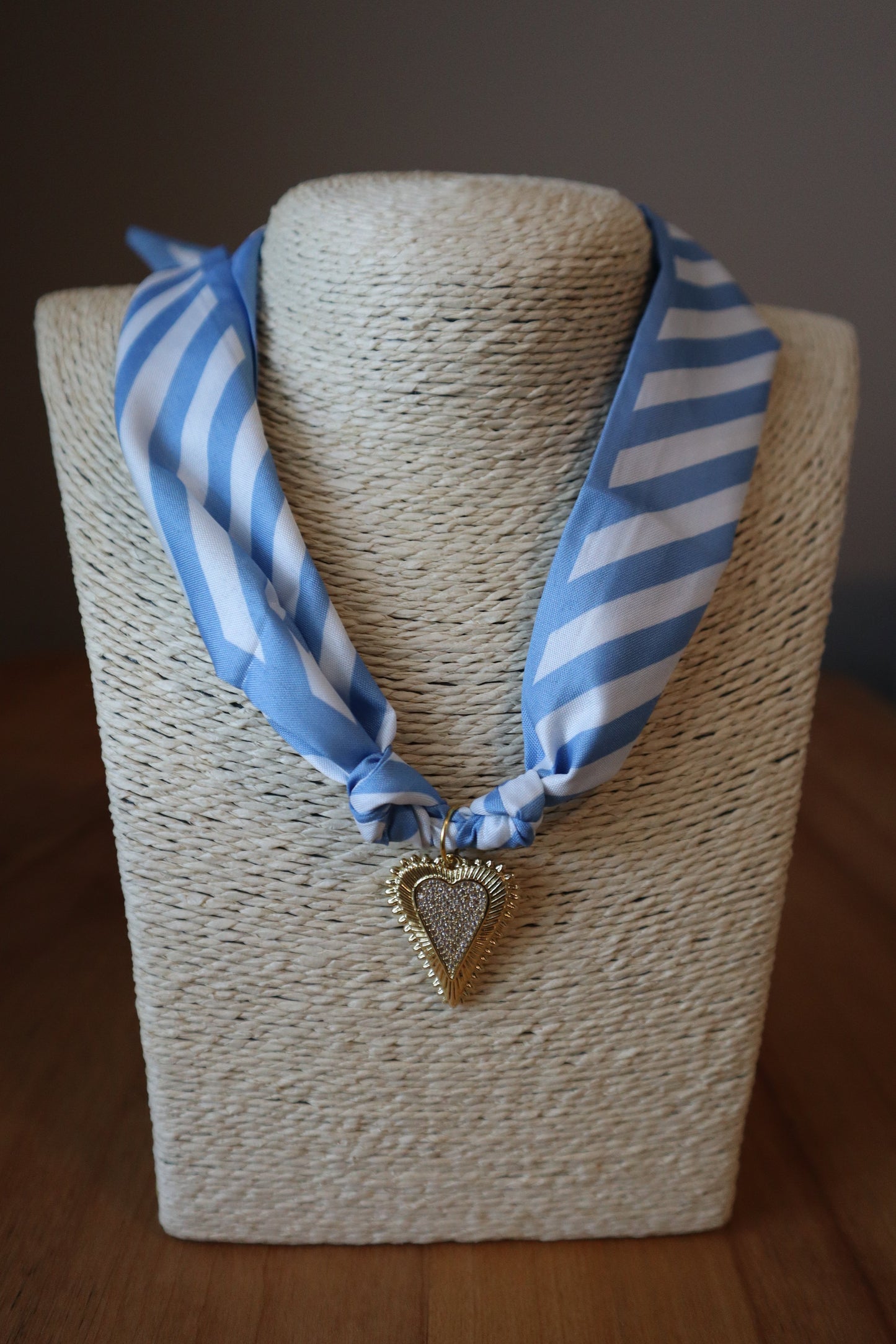 Blue Striped Scarf with Sparkly Heart Charm