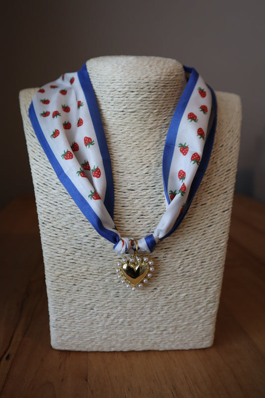 Strawberry Scarf with Gold & Pearl Heart Charm