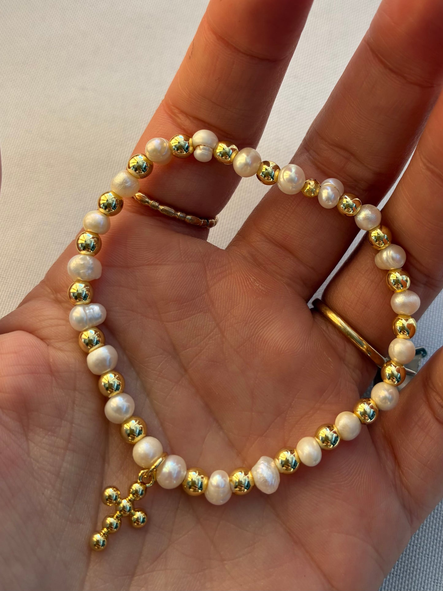 Pearl & Gold Bracelet with Cross Charm