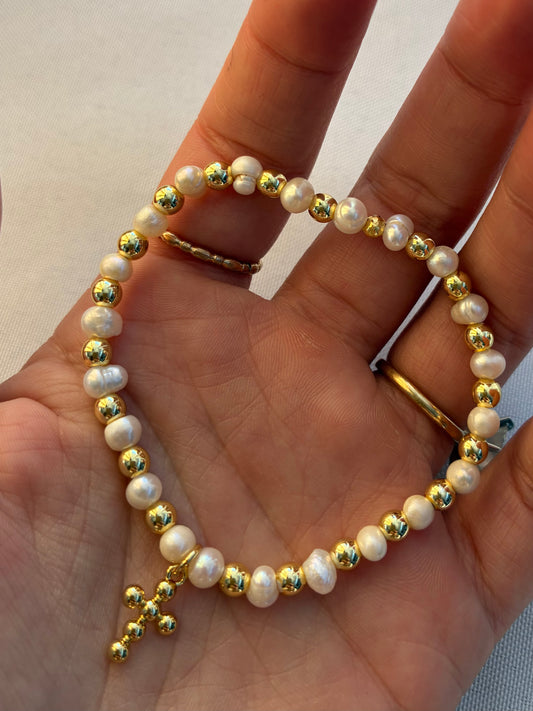 Pearl & Gold Bracelet with Cross Charm