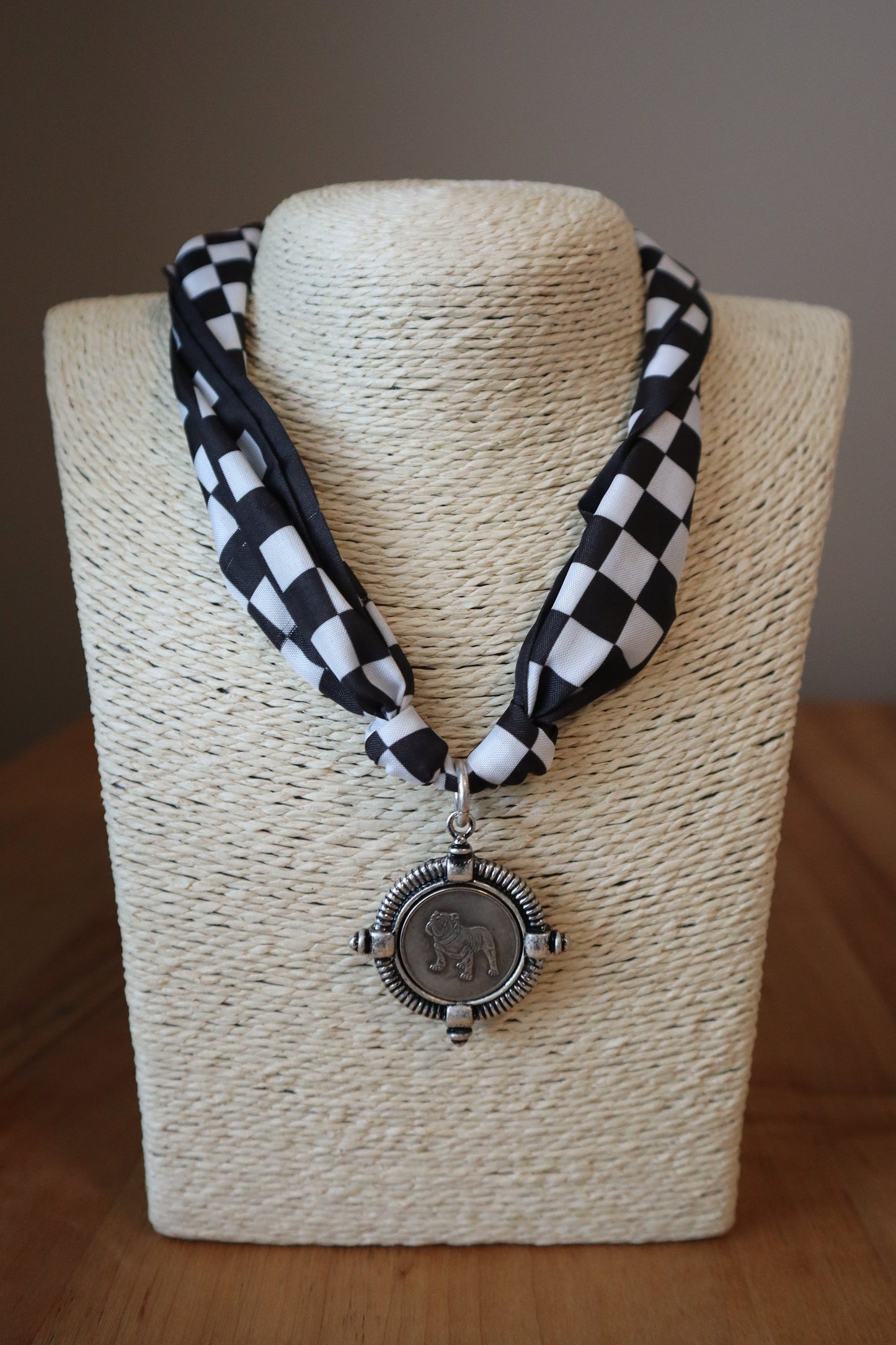 Checkered Scarf with Bulldog Charm