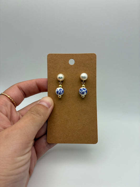 Prussian Blue & Pearl Earrings