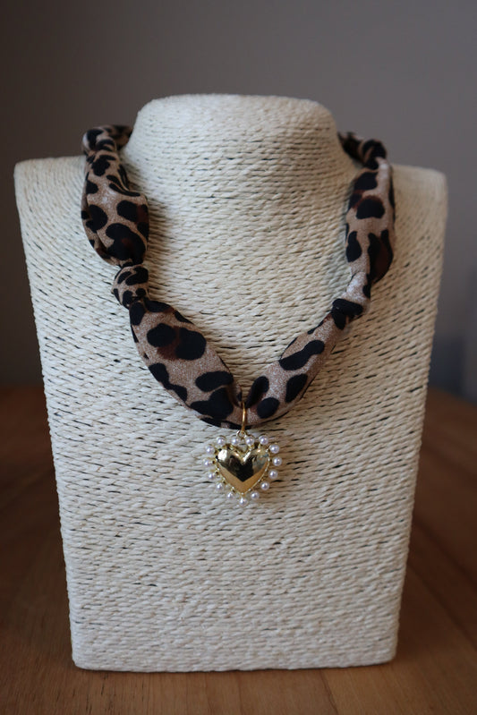 Brown Leopard Scarf with Gold & Pearl Heart Charm