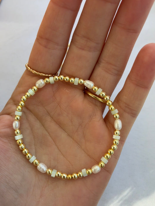 Gold & Pearl Bracelet with hints of Light Blue