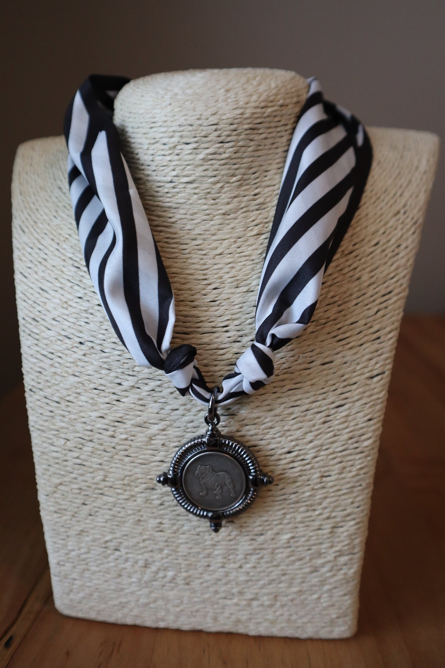 Black Striped Scarf with Bulldog Charm