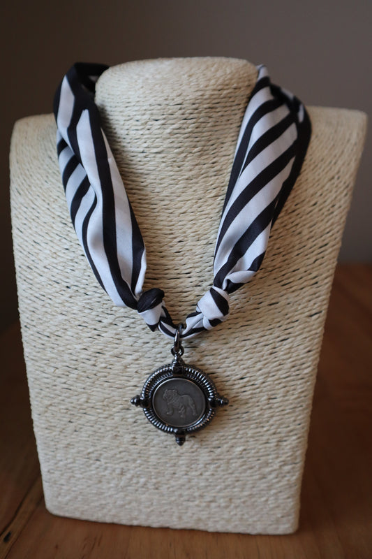 Black Striped Scarf with Bulldog Charm