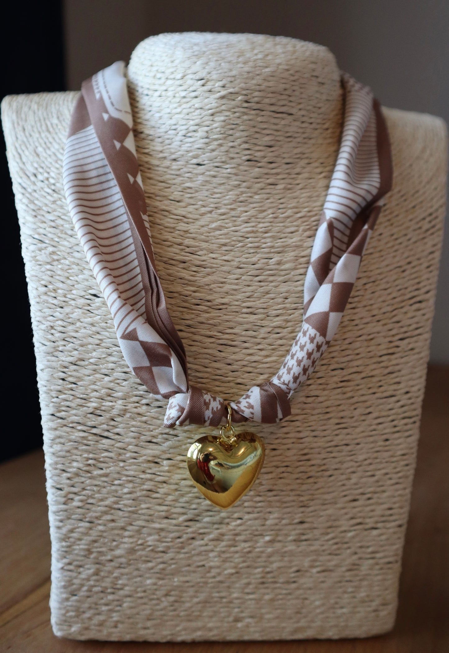 Brown Patterned Scarf with Puffy Gold Heart