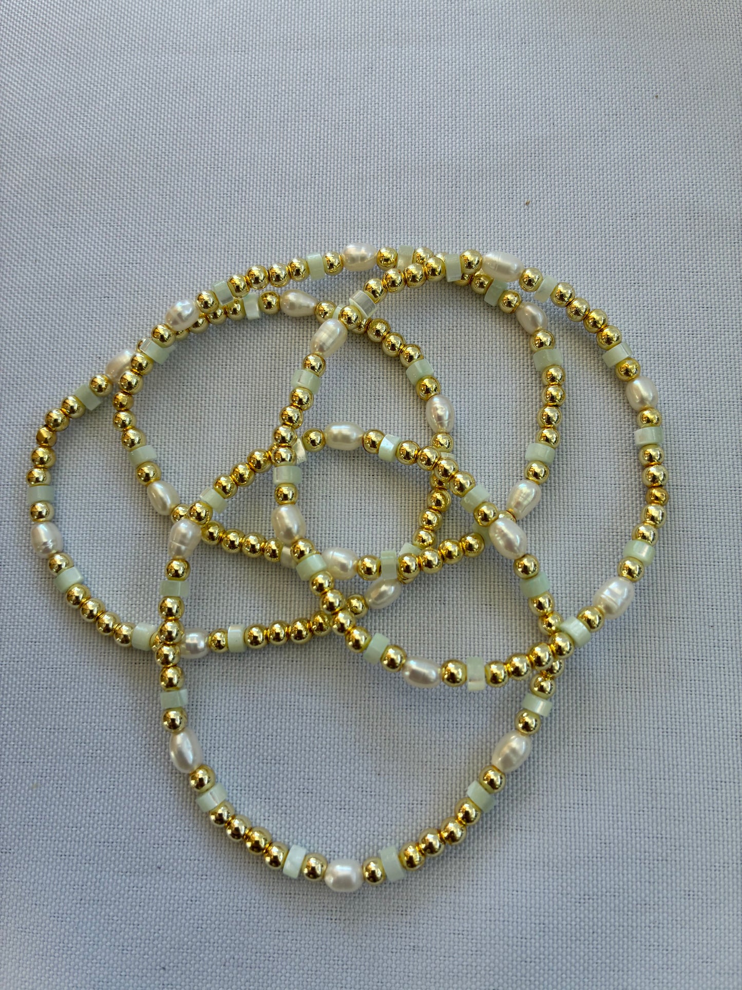 Gold & Pearl Bracelet with hints of Light Blue