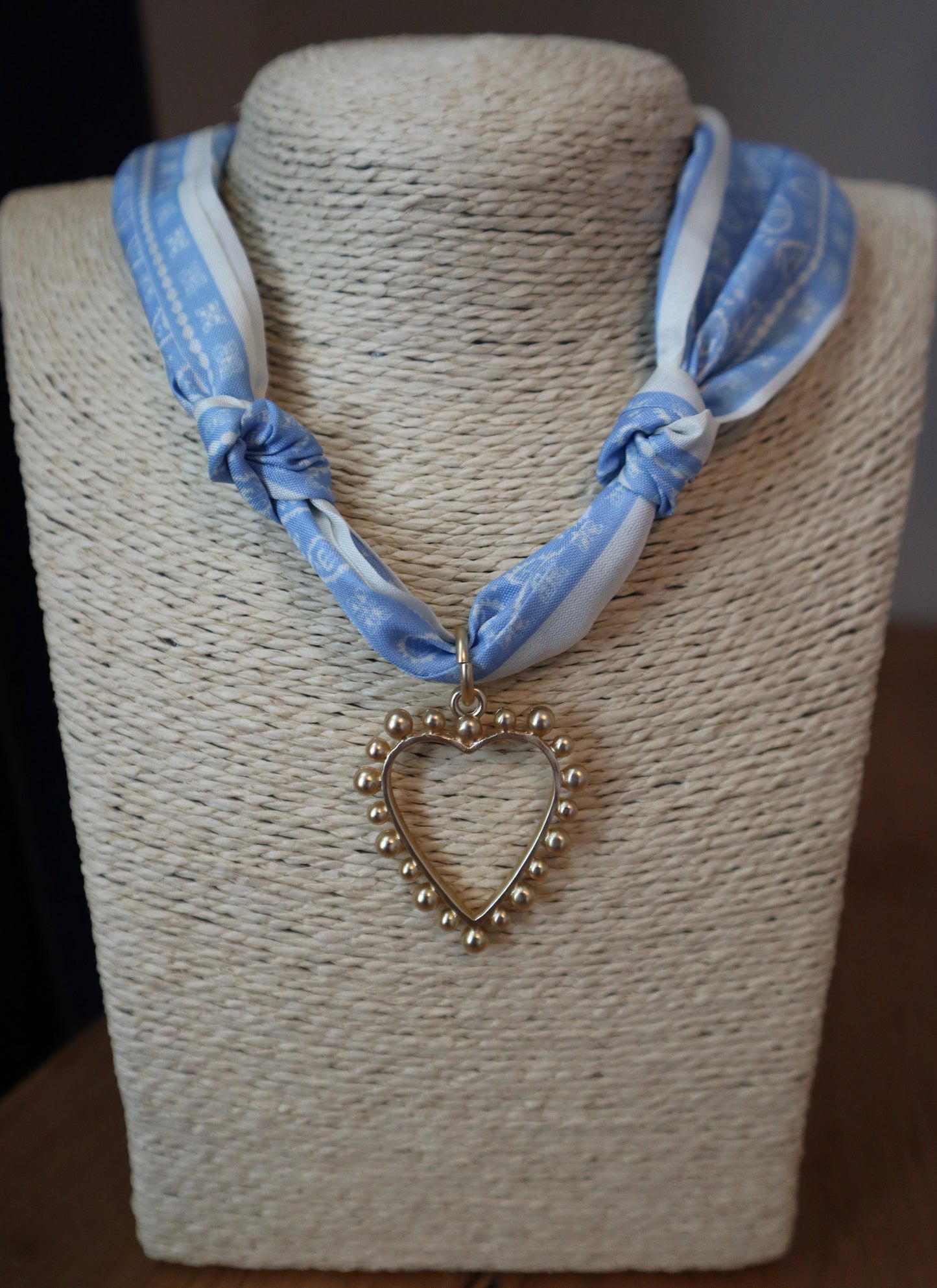 Blue Boho Scarf with Matte Gold Open Heart Charm