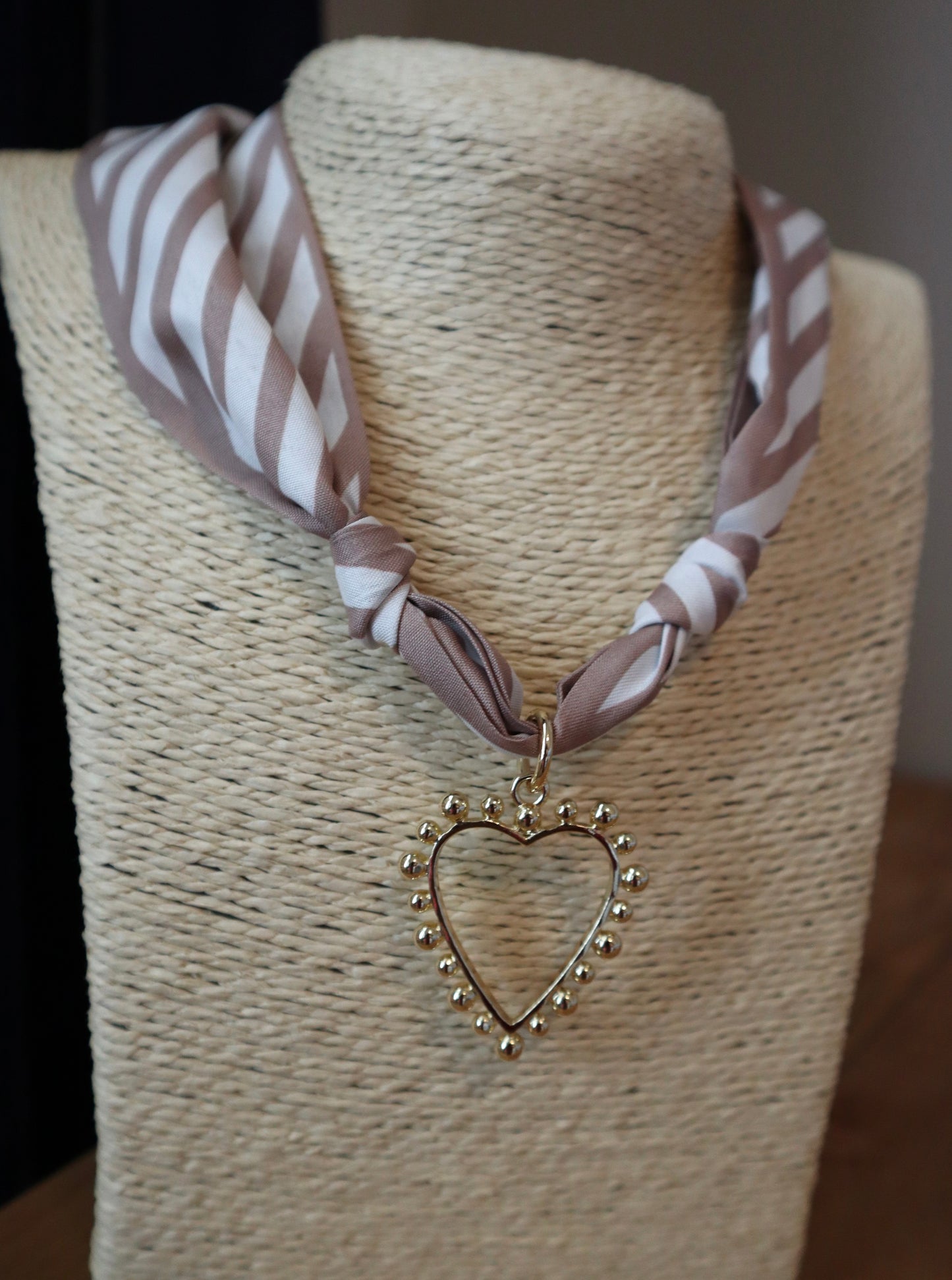 Tan Striped Scarf with Gold Open Heart Charm