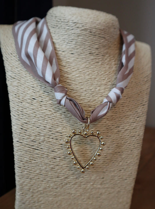 Tan Striped Scarf with Gold Open Heart Charm