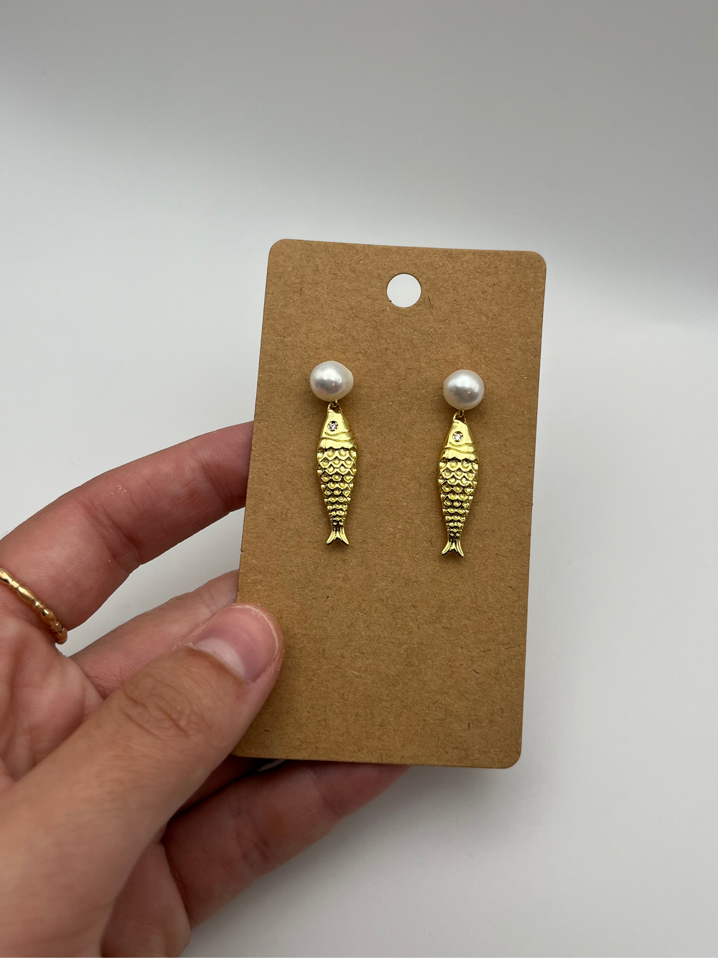 Gold Fish Earrings with Pearl Settings
