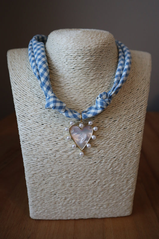 Blue Gingham Scarf with Pearlescent Heart Charm