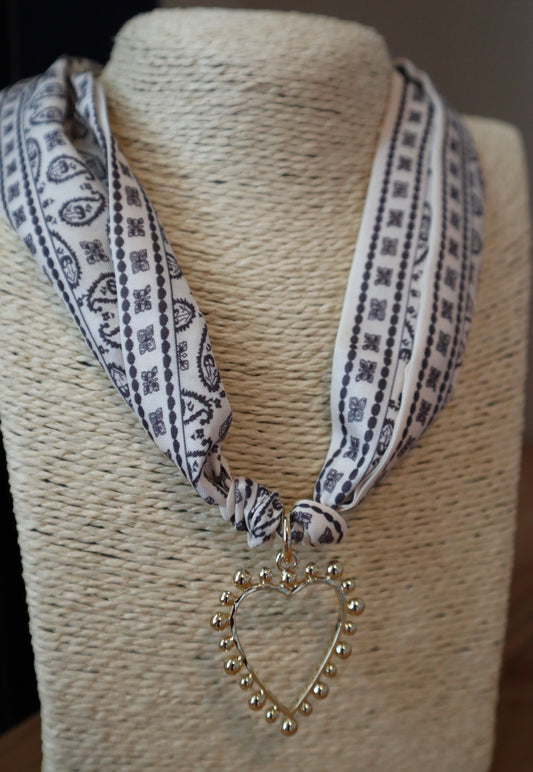 White Boho Scarf with Gold Open Heart Charm