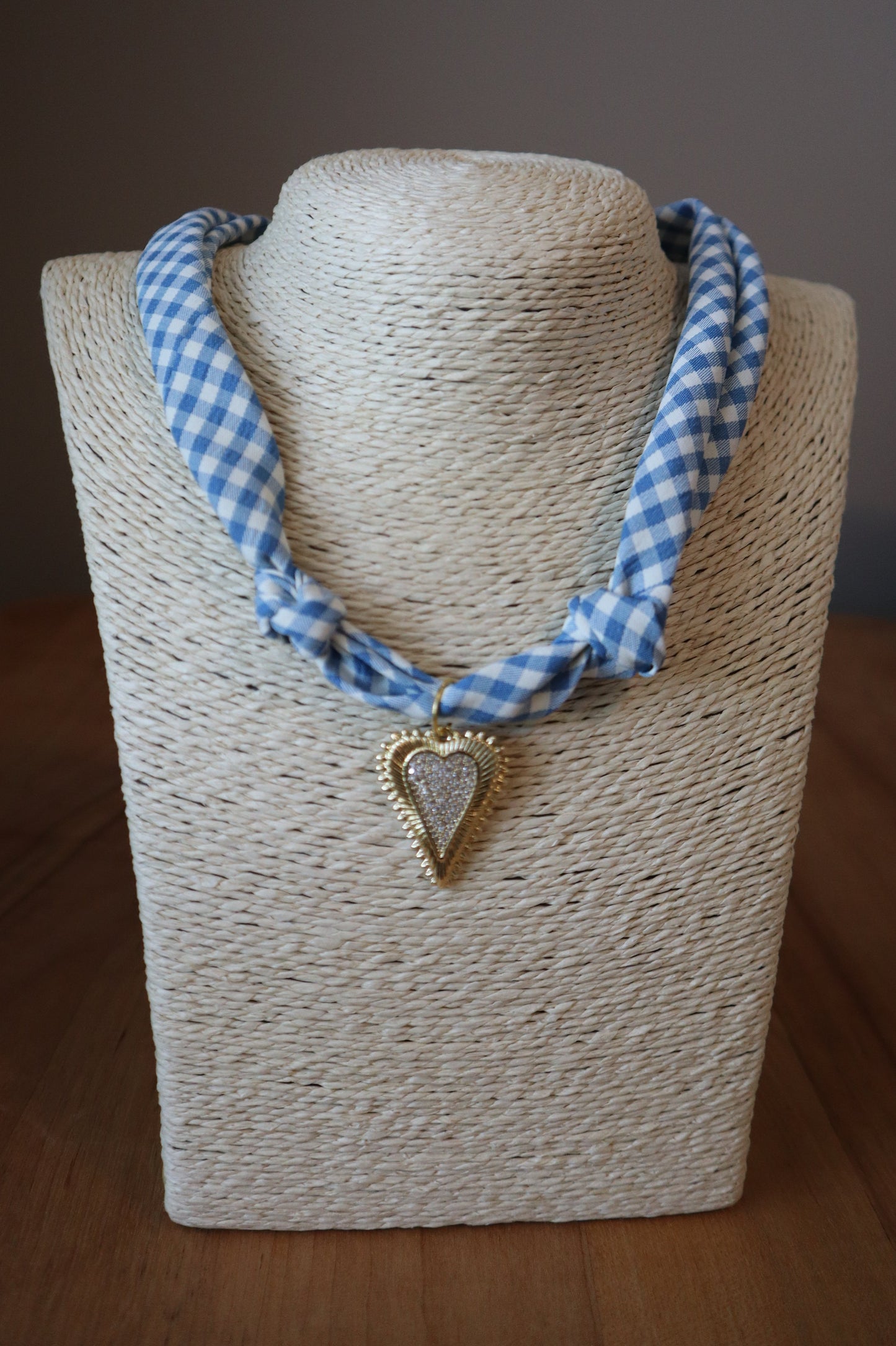 Blue Gingham Scarf with Sparkly Heart Charm