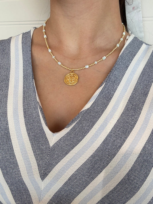 Gold Coin Necklace with Hints of Blue