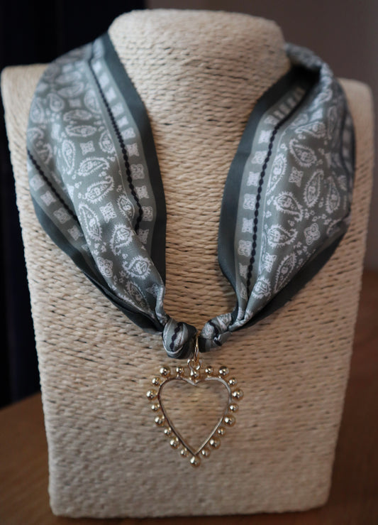 Green Boho Scarf with Gold Open Heart Charm